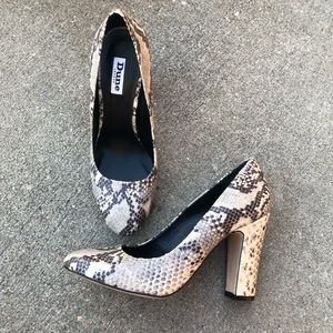Dune London snake print block heel pumps